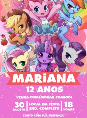 Convite My Little Poney Rosa para aniversário infantil