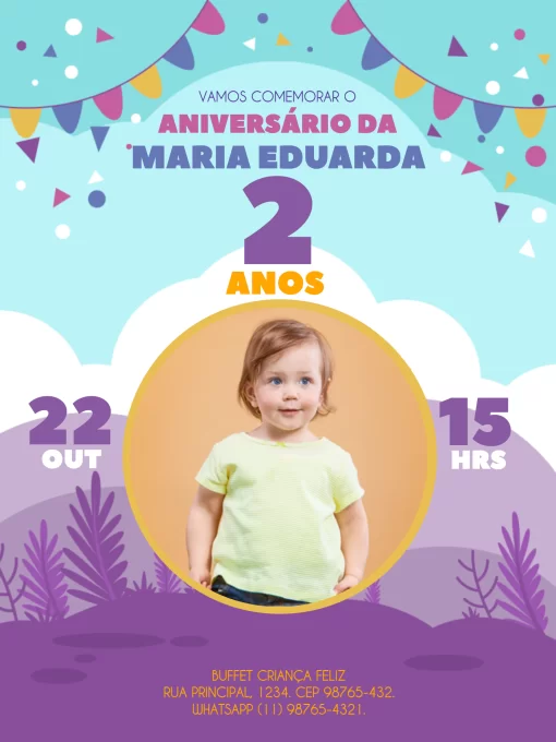 2 Anos Com Foto Roxo - Convite de Aniversário Infantil | Convitede