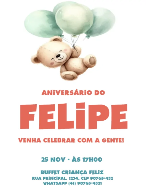 Convite Ursinho Balões Para Editar Festa para aniversário infantil