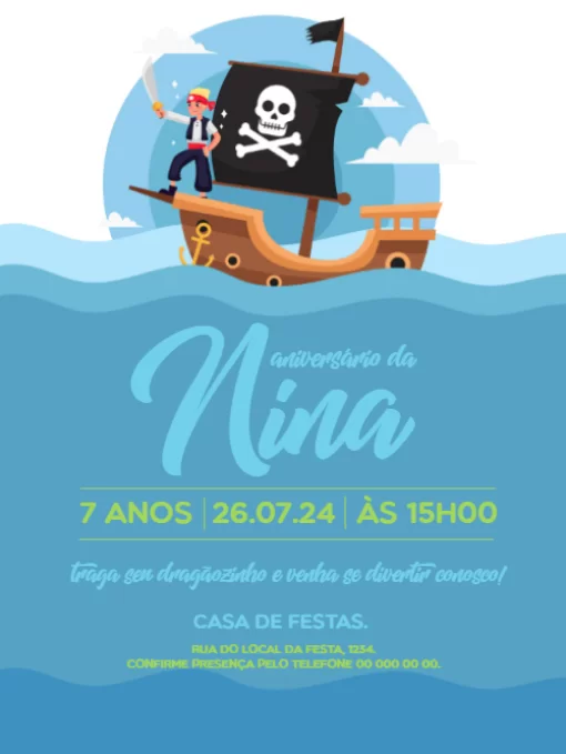 Convite Navio Pirata Digital para aniversário infantil