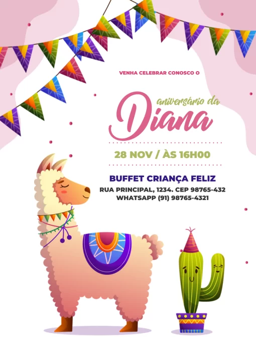 Convite Infantil Lhama Bandeira Comemoração para aniversário infantil