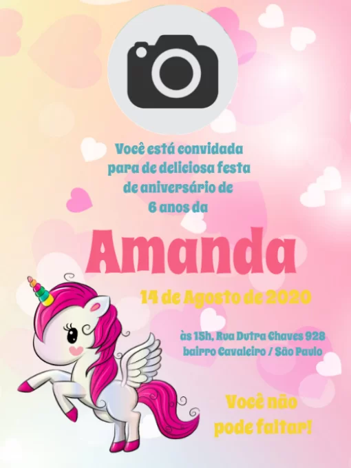 Convite Unicórnio Com Foto Menina para aniversário infantil