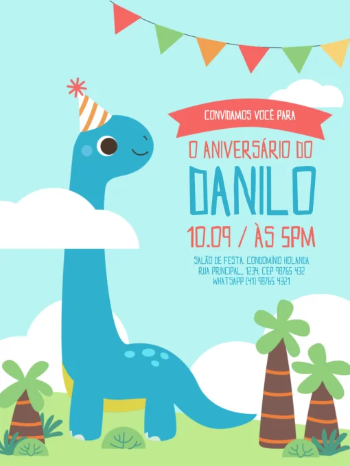 Convite Dinossauro Baby Azul Menina para aniversário infantil