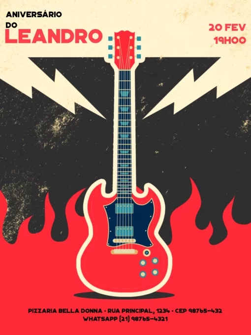 Convite Rock N Roll Guitarra Raio para aniversário infantil