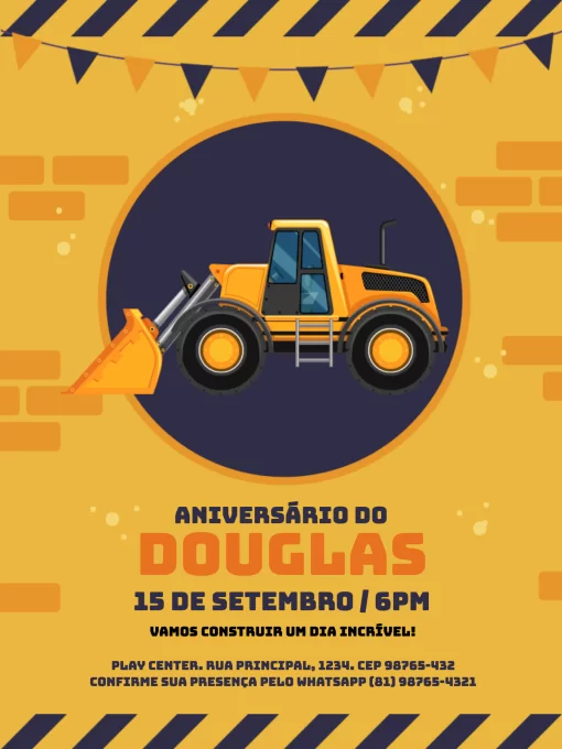 Convite Trator Claro para aniversário infantil