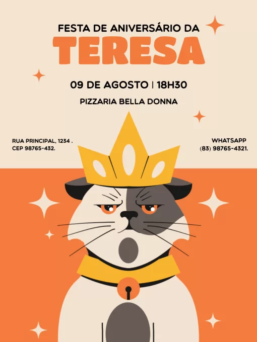 Convite Gato Laranja Divertido para aniversário infantil