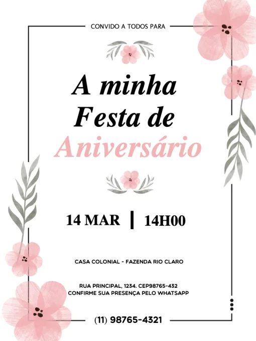 Convite Feminino Floral Menina | Editar e Personalizar Fácil