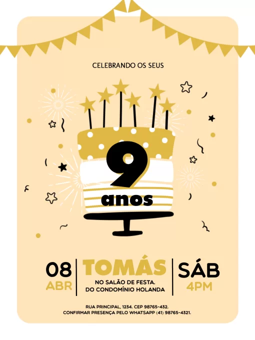 Convite 9 Anos Simples Festa para aniversário infantil