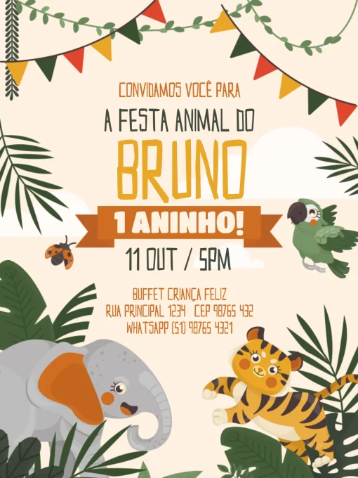 Convite Safari 1 Ano Colorido Festa para aniversário infantil