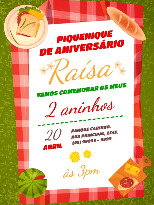 Convite Piquenique Divertido para aniversário infantil