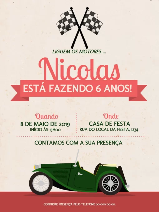 Convite Carros Antigos Digital para aniversário infantil