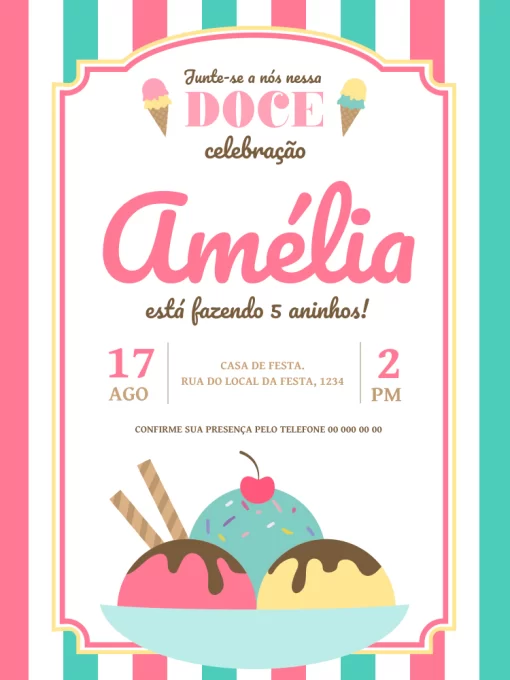 Convite Sorvete Infantil para aniversário infantil
