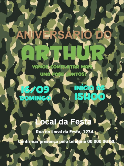 Convite Camuflado Exercito Menino para aniversário infantil
