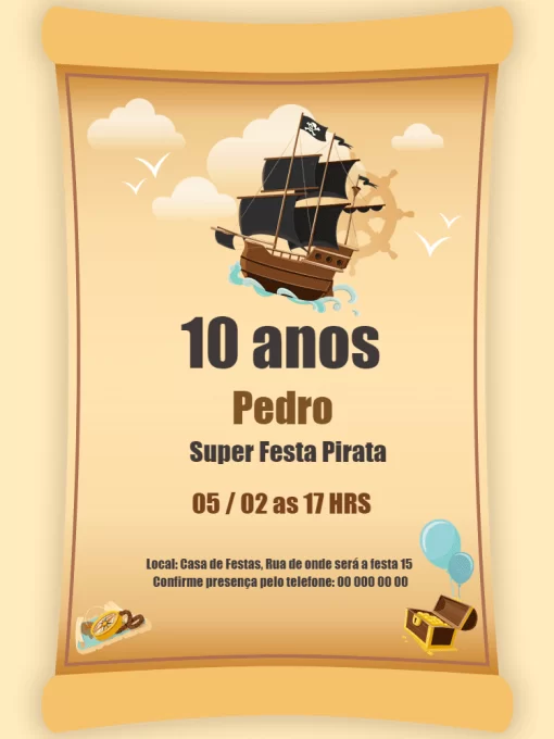 Convite Pirata Tesouro para aniversário infantil