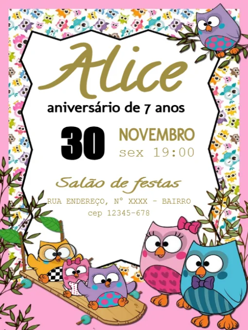 Convite Coruja Para Editar Comemoração para aniversário infantil