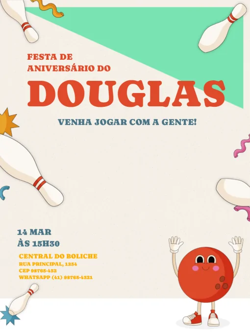 Convite Boliche Divertido Pinos para aniversário infantil