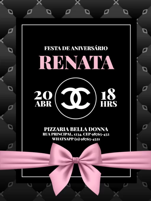 Convite Adulto Feminino Chanel Preto E Rosa Elegante para aniversário infantil