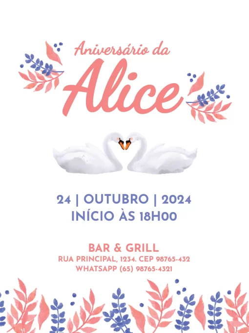 Convite Adulto Feminino Cisne Claro Floral para aniversário infantil