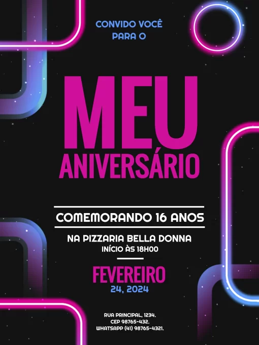Convite Neon Escuro Preto para aniversário infantil