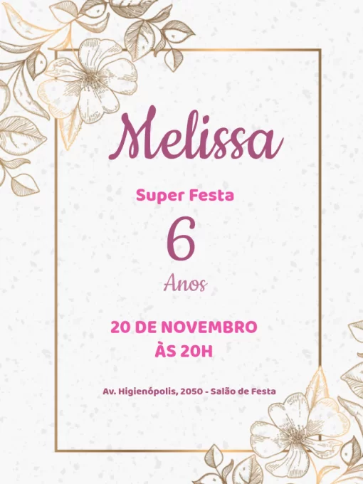 Convite Floral Menina Flores para aniversário infantil