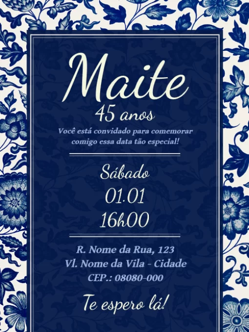 Convite Virtual De - Flores Azuis Portugês para aniversário infantil