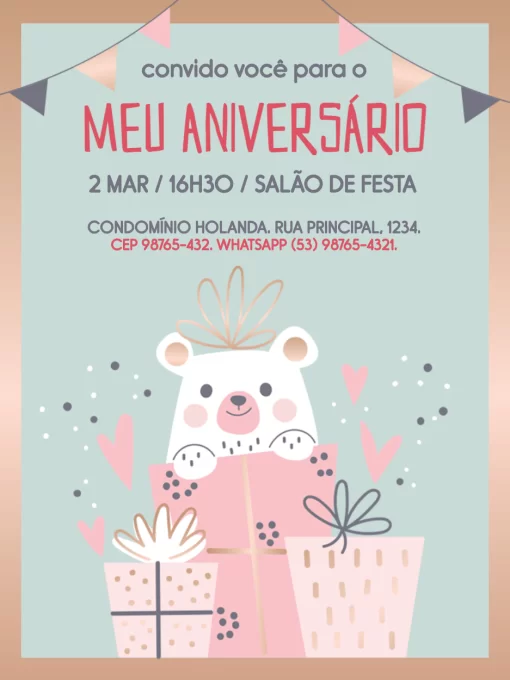 Convite Ursinho Dourado Comemoração para aniversário infantil