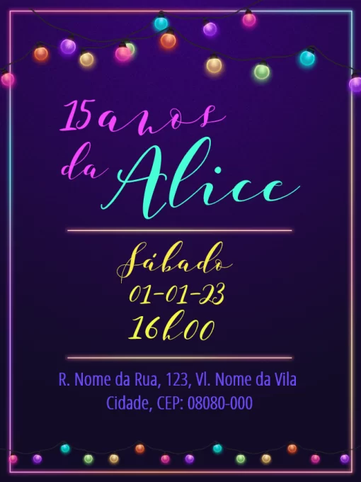 Convite Virtual De 15 Anos - Luzes Coloridas Neon para aniversário infantil