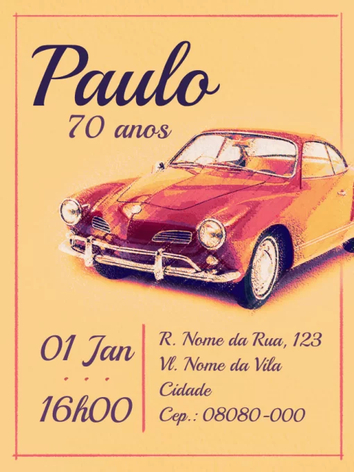 Convite Virtual 70 Anos - Carro Desenho para aniversário infantil