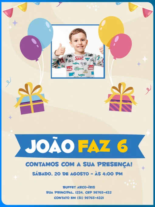 Convite Digital Com Foto para aniversário infantil