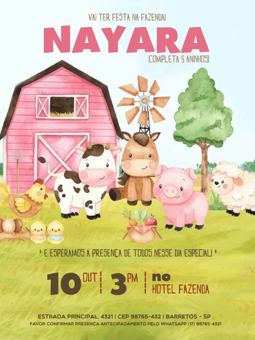 Convite Fazendinha Rosa Digital Rural para aniversário infantil