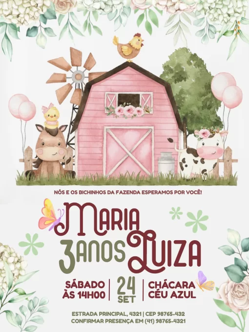 Convite Virtual Fazendinha Rosa Festa para aniversário infantil