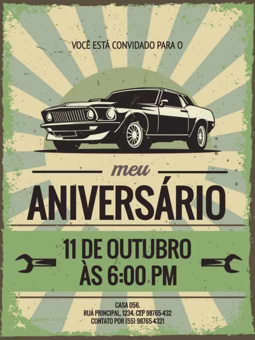 Convite Carros Antigos Verde Retrô para aniversário infantil