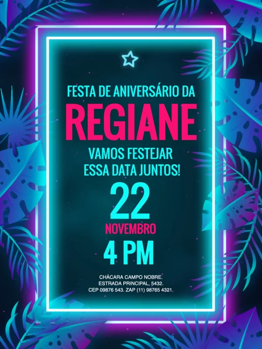 Convite Festa De Neon Floral para aniversário infantil