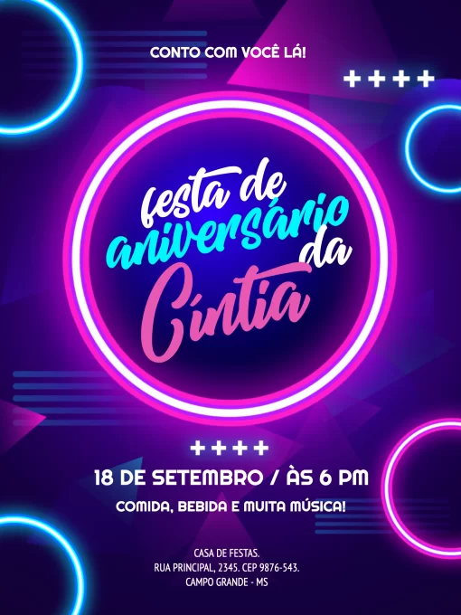 Convite Festa De Neon Geométrico para aniversário infantil