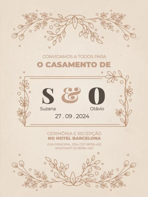Convite Casamento Rústico / Sustentável Floral Marrom para casamento