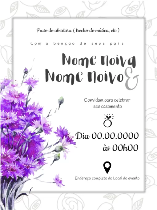 Convite Casamento Flores Roxas Moderno para casamento