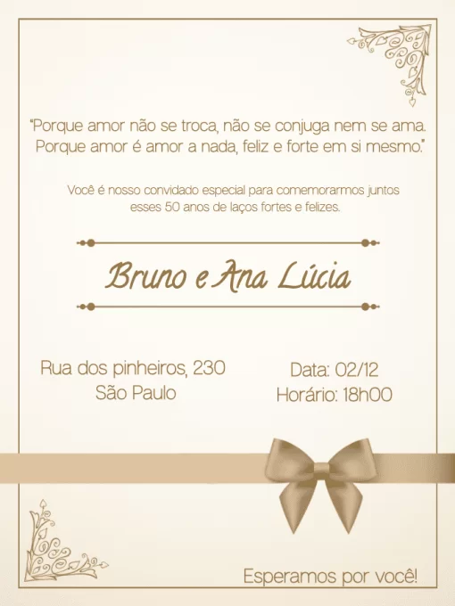 Convite Bodas Ouro Comemoração para casamento