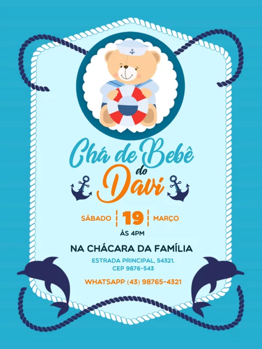 Convite Ursinho Marinheiro Chá De Bebê Azul Lúdico para chá de fraldas