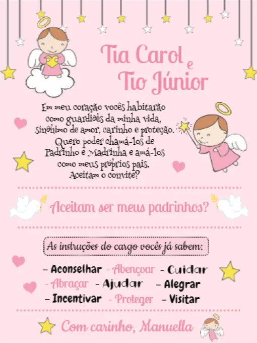 Convite Padrinhos Batismo Menina Rosa Batizado para batizado