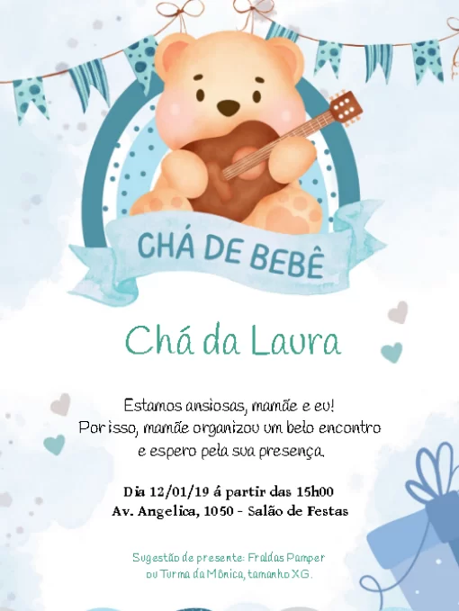Convite Chá De Bebê Ursinho Bandeirinhas para chá revelação