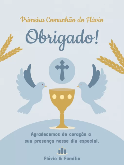 Convite Cartão De Agradecimento Presença Primeira Comunhão Azul Religioso para cartão