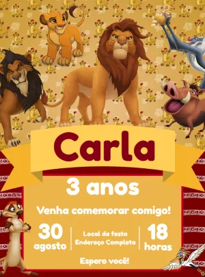 Convite Rei Leão Pumba para aniversário infantil