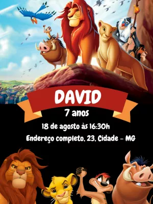 Convite O Rei Leão Preto para aniversário infantil