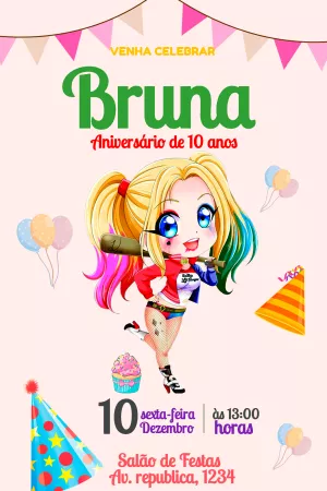 Convite Arlequina Infantil para aniversário infantil
