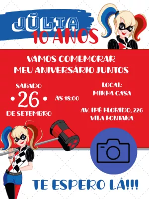 Convite Arlequina Com Foto Coringa para aniversário infantil