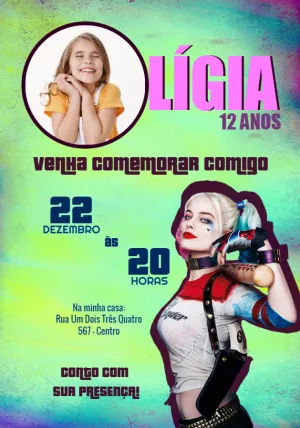 Convite Arlequina Com Foto Alerquina para aniversário infantil