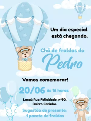 Convite Chá De Bebê Ursinho Baloeiro Branco para chá de fraldas