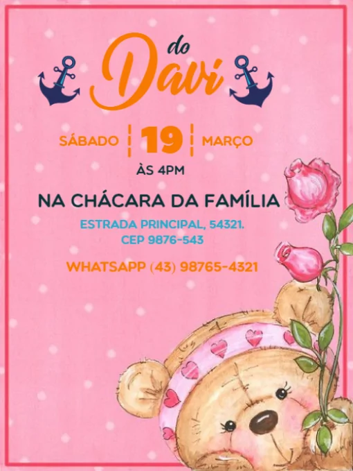 Convite Ursinho Para Editar Infantil para chá rifa