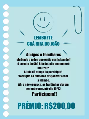 Convite Lembrete Chá Rifa Azul Branco para chá rifa