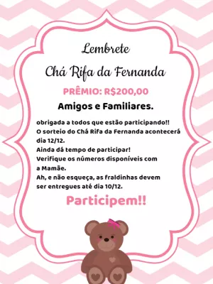 Convite Lembrete De Chá Rifa Ursinha Fraldas para chá rifa